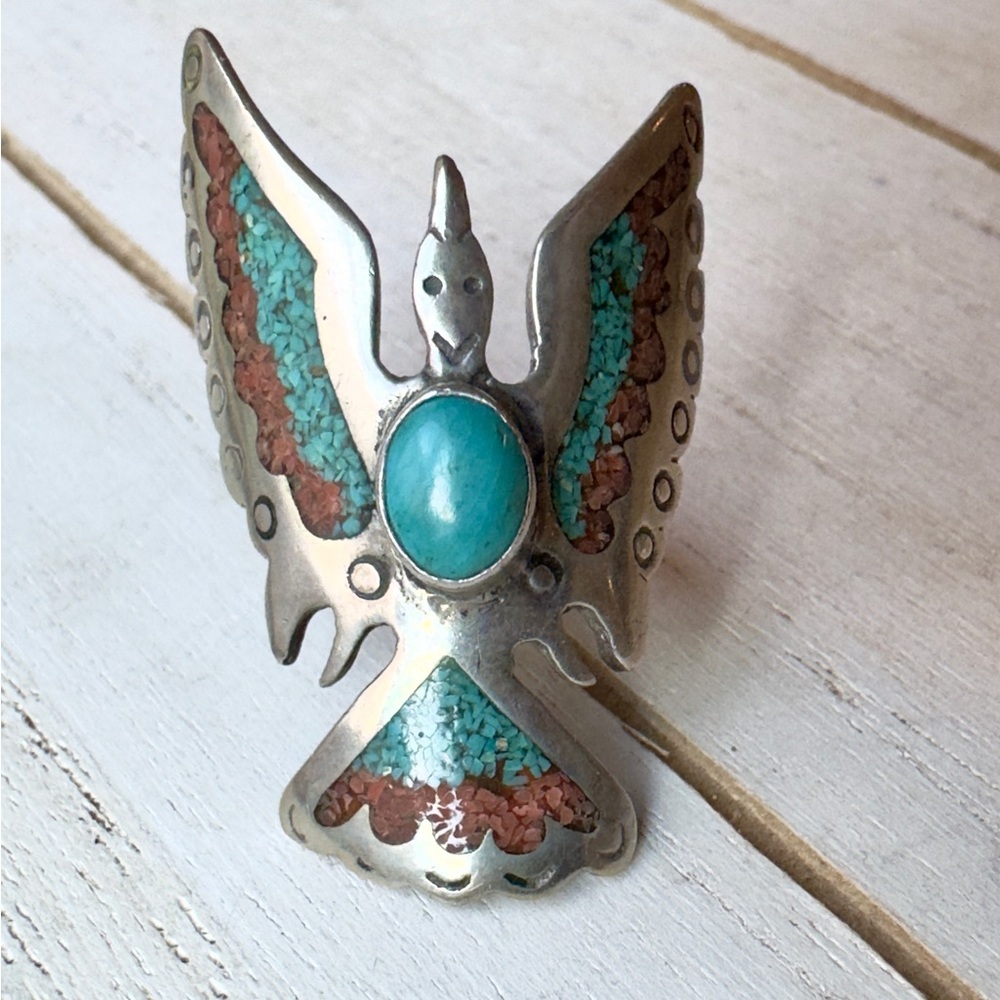 Native American Style Thunderbird Sterling Silver Turquoise Coral Inlay Ring